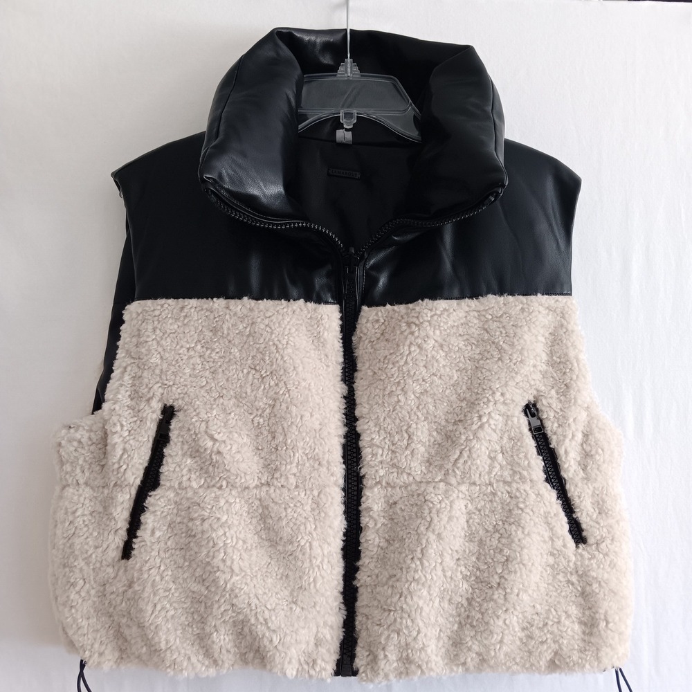Lamarque Puffer Vest Women Medium Black Cream Faux Leather Sherpa Reversible